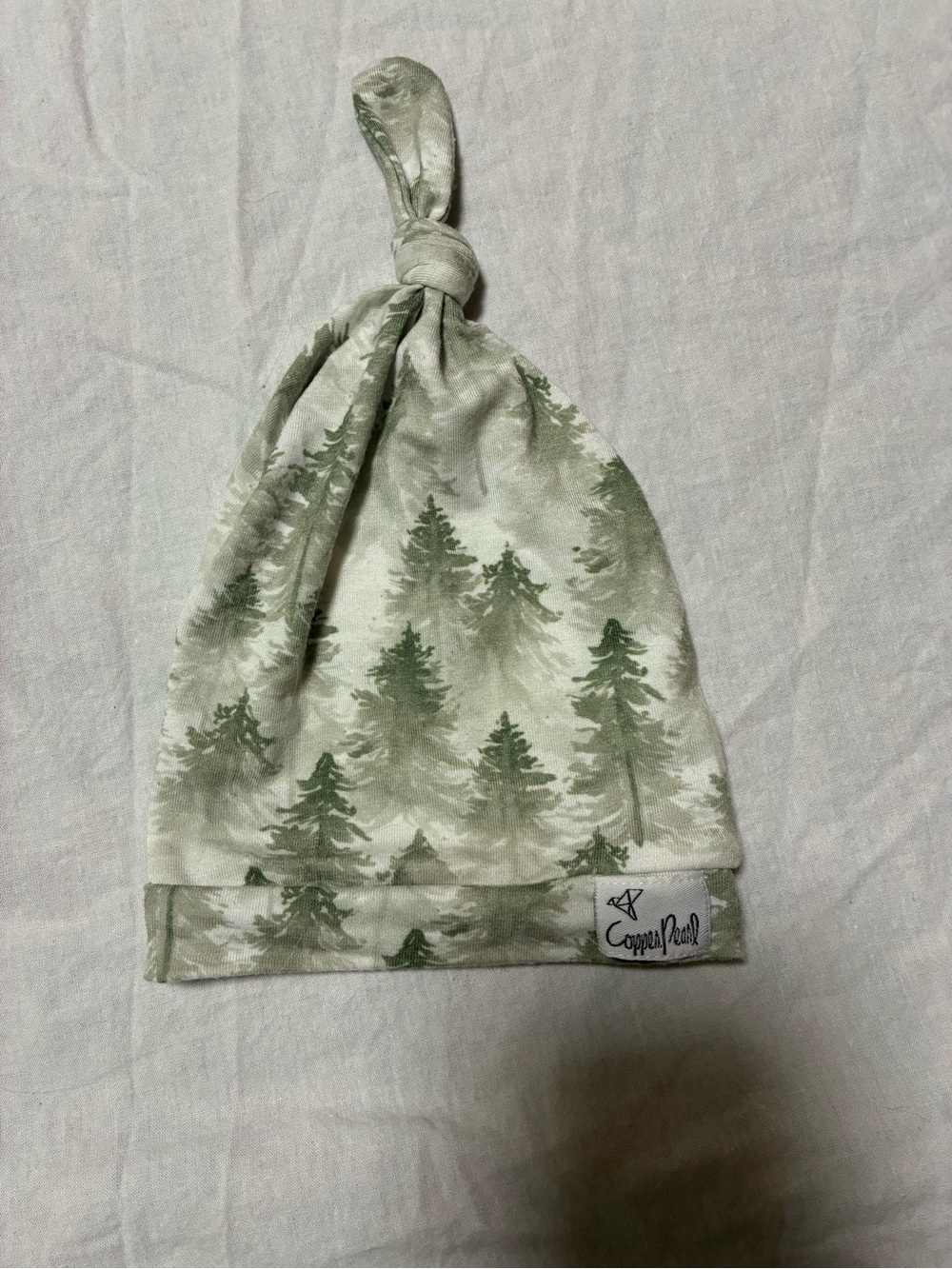Copper Pearl Baby Knot Hat in Sage Green Tree Print